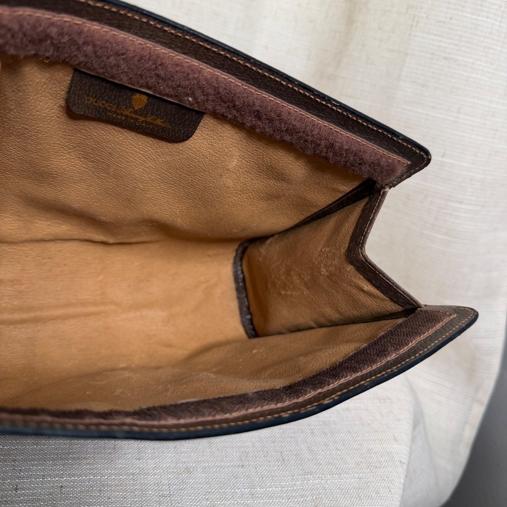 Vintage Gucci Clutch GG Supreme Web Sherry Line Stripe Brown Leather Canvas Bag - Picture 10 of 13